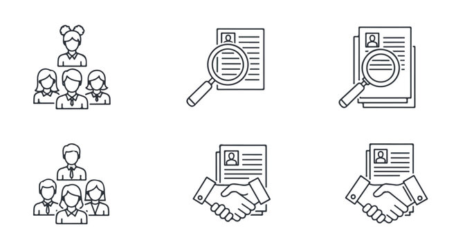 Human resources line icon set, recruitment and hiring process symbols, business team and resume cv icons, 6 professional vector elements