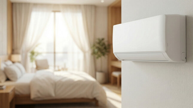  Ar-condicionado split branco na parede. Fundo desfocado de um quarto moderno, iluminado e confort&aacute;vel. Conceito de climatiza&ccedil;&atilde;o e conforto no lar