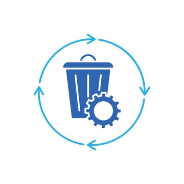 icon a waste management with trash bin circular arrows and gear, isolated against a clean background.