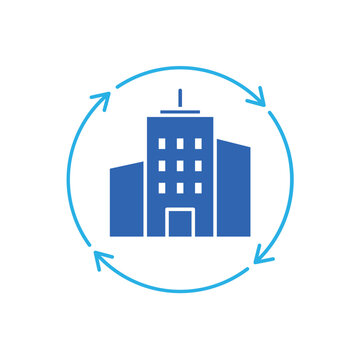icon a remanufacturing with building and circular update arrows, isolated against a clean background.