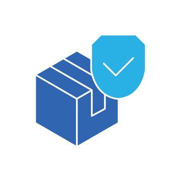 icon a product durability with package box and protective shield checkmark, isolated against a clean background.