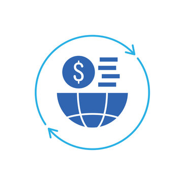icon a circular economy with globe dollar coins and refresh arrows, isolated against a clean background.