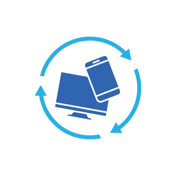 icon an e-waste with monitor smartphone and circular refresh arrows, isolated against a clean background.