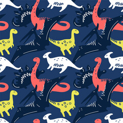 Colorful seamless dinosaur pattern featuring playful cartoon prehistoric creatures in navy, coral, lime and white tones, perfect for children’s textiles, wallpaper, stationery and digital backgrounds © stocklene