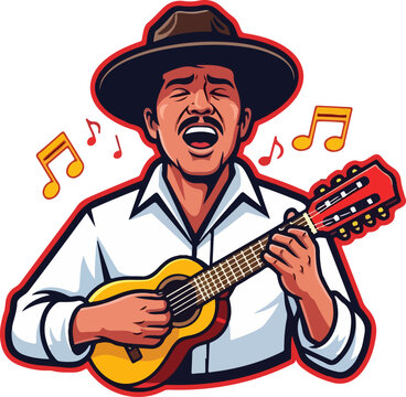 Latino folk musician mascot logo playing cavaquinho and singing