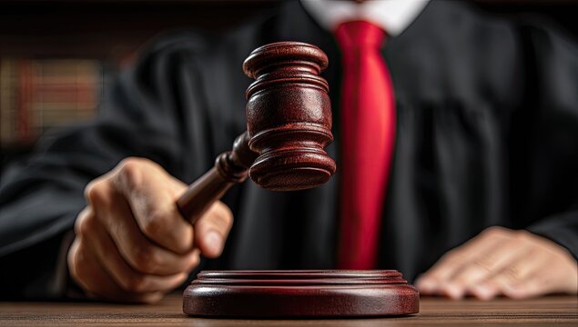 A judge in robes holds a wooden gavel over a sounding block