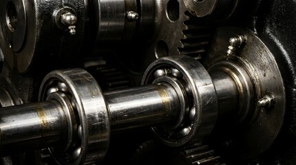 Fototapeta premium Close up view of complex interlocking metal gears and ball bearings within a mechanical system