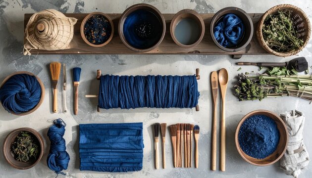 Natural indigo dyeing process with plant-based fibers and traditional tools on marble surface