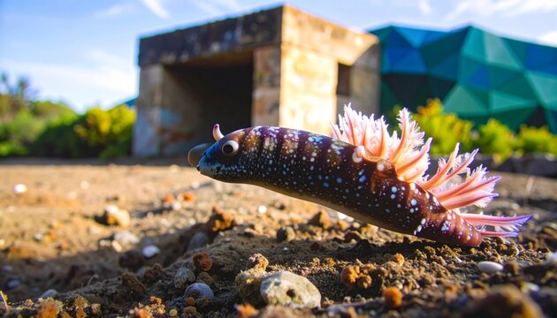 Colorful nudibranch sea slug with vibrant cerata on rocky shore at low tide