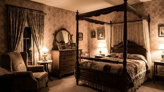 Elegant antique bedroom with a four poster bed vintage dresser and armchair