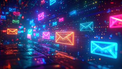 Fototapeta premium Digital communication background with colorful email symbols, representing online messaging and connectivity.