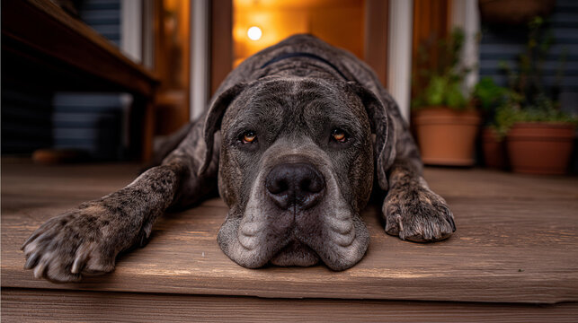 Cane corso lying on the porch of a warm home exterior in the evening as a quiet guardian on the stoop