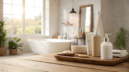 Fototapeta premium Close-up view of organic spa toiletries, soap, and towels arranged on a wooden tray on a table, with a blurred luxury bathroom interior featuring a white bathtub and bright window in the background.