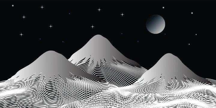 Black and white mountain line arts and moon spot texture wallpaper, luxury landscape background design for cover, invitation background, packaging design, fabric, and print. Vector illustration.