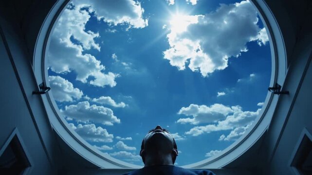 Standing man in dark top tilting back watching sunlight widening circular skylight with lens flare