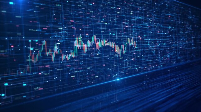 Futuristic Digital Financial Chart Interface stock market graph candlestick data grid trading analytics. for finance presentations, investment visuals, fintech apps, or economic news backgrounds 3D