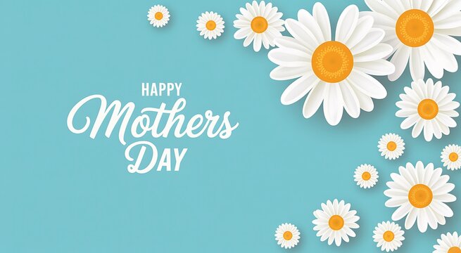 Happy Mothers Day banner with white daisies on blue background