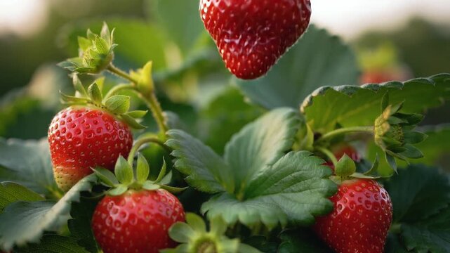 Reaching adult hand pinching calyx, twisting and pulling ripe strawberry from gardenbed for harvest