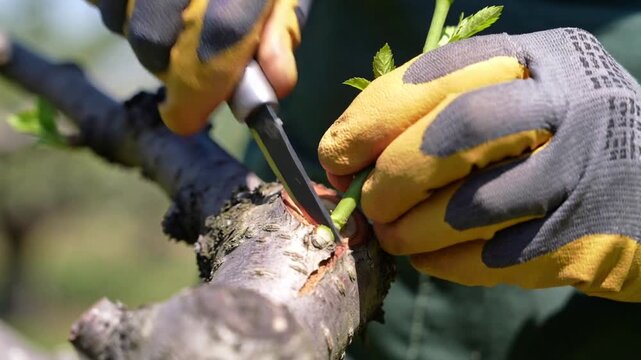 Positioning scion, yellow-gloved hands paring bark with knife on garden branch preparing graft
