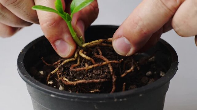 Finding root coil, gardener handling seedling with bare hands, teasing roots in black pot repotting