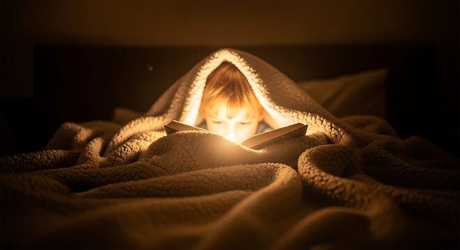 Enchanted child enjoys a glowing storybook under a cozy blanket at nig