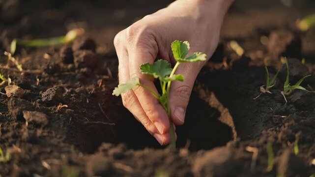 Cupping planter hands lowering green seedling into tilled hole in garden bed, securing roots