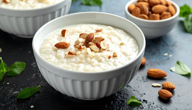 Creamy rice pudding topped with almonds served in white bowls on a dark surface with green leaves