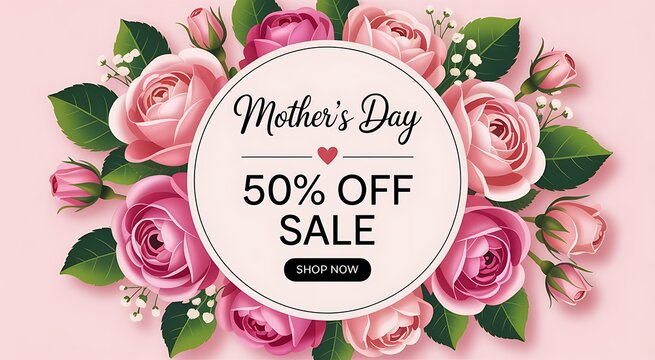 Mother's Day sale banner with pink roses and 50% off discount