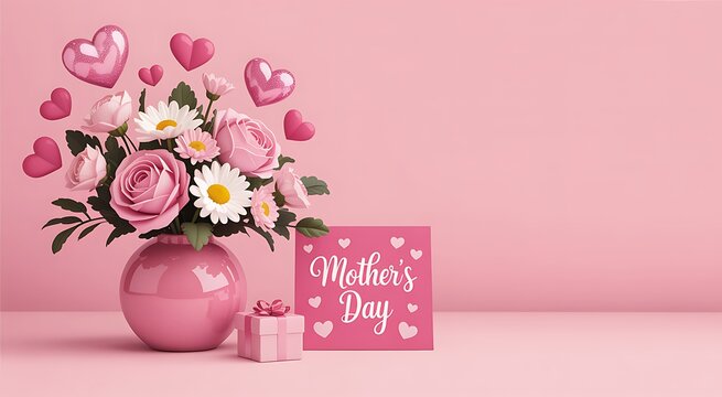 Pink Mother's Day bouquet with hearts and gift, festive floral arrangement