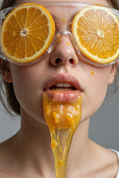 Portrait of a woman wearing goggles filled with orange slices and juice