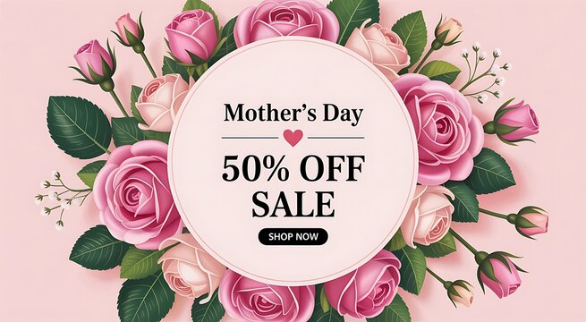 Mother's Day sale banner with pink roses and 50% off discount