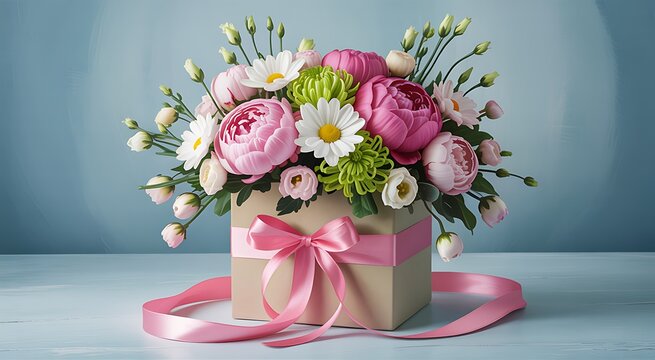 Beautiful pink flowers bouquet in gift box with ribbon on table