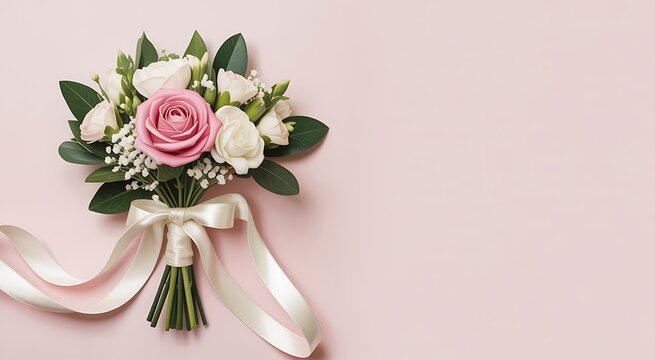 Bouquet of pink and white roses with ribbon on pastel background