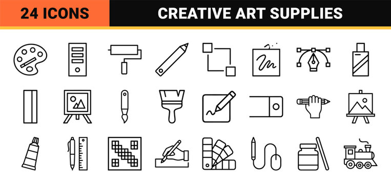 Minimalist art and graphic design tools outline icon set