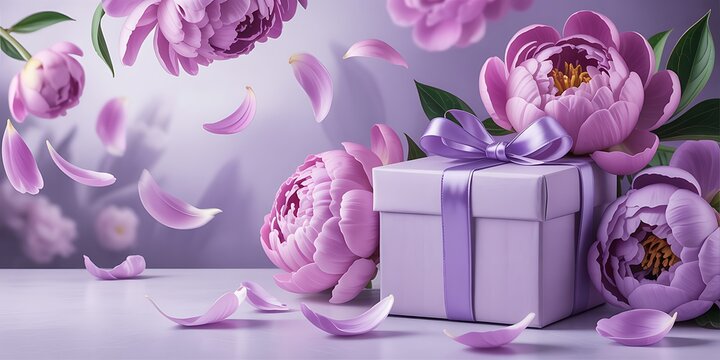 Lavender gift box with purple peonies and petals