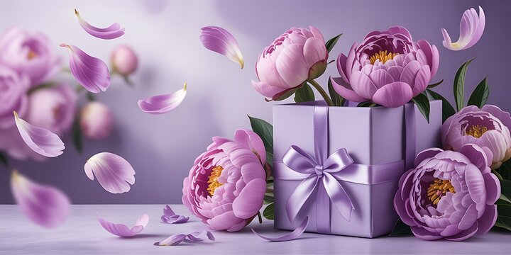 Gift box with purple flowers and petals on table