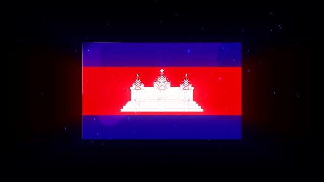 Cambodia Flag, Glowing neon rectangle with red blue and white light effects on a dark background with blue dots