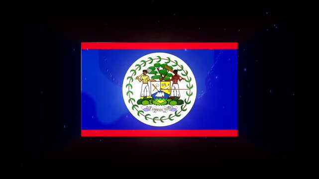 Belize Flag, Glowing rectangle with blue and red borders and white light on dark background with small blue dots