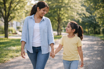 Obraz premium Mother and daughter walking together in park smiling happily