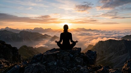 Obraz premium Woman Meditating on Mountain at Sunrise Spiritual Concept