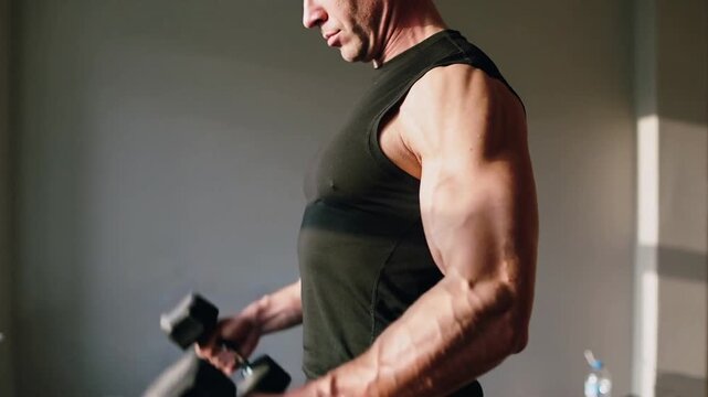 Starting from arms extended, man in black top curling hex dumbbells to chest on mat, training