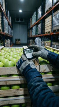 Fresh Green Apples in Storage with Temperature Monitoring in a Warehouse Setting