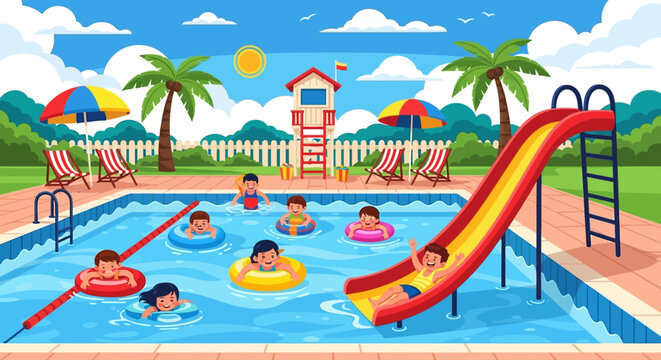Illustration of children swimming and playing on a waterslide at a sunny outdoor pool with palm trees and colorful umbrellas.