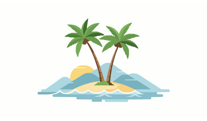 Fototapeta premium Tropical Island Scene with Palm Trees Mountains and Rising Sun Flat Vector Illustration