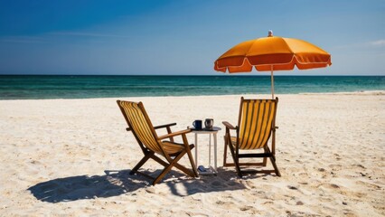 Fototapeta premium Beach Relaxation: Two wooden lounge chairs and a beach umbrella invite relaxation on a serene sandy beach, the calm ocean waters shimmering under a clear blue sky.