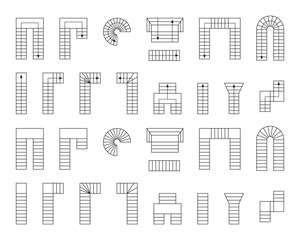 Set of stairs icons for floorplan. Staircase symbols for interior design project. Collection of stairway elements for architecture draft isolated on white background. Vector graphic illustration © Andrii