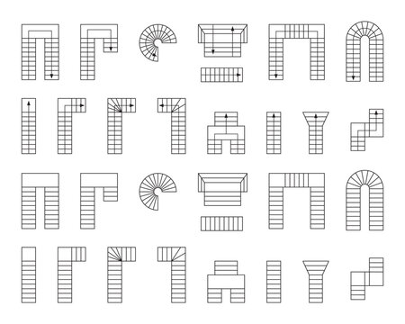 Set of stairs icons for floorplan. Staircase symbols for interior design project. Collection of stairway elements for architecture draft isolated on white background. Vector graphic illustration