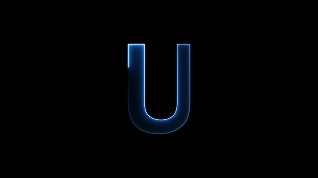 Glowing neon letter 'U' symbol, a shiny light font illustration on a black background English alphabet education type word writing letter text effect smooth footage sign symbol with black background