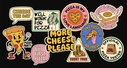 Playful pizza-themed sticker set perfect for pizza lovers and pizzerias, featuring fun phrases and vibrant graphics. Ideal for decorating or promoting all things pizza