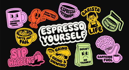 Charming coffee-themed sticker set designed for coffee lovers and coffee shops. Featuring fun phrases and vibrant illustrations, perfect for adding personality to any coffee-related project